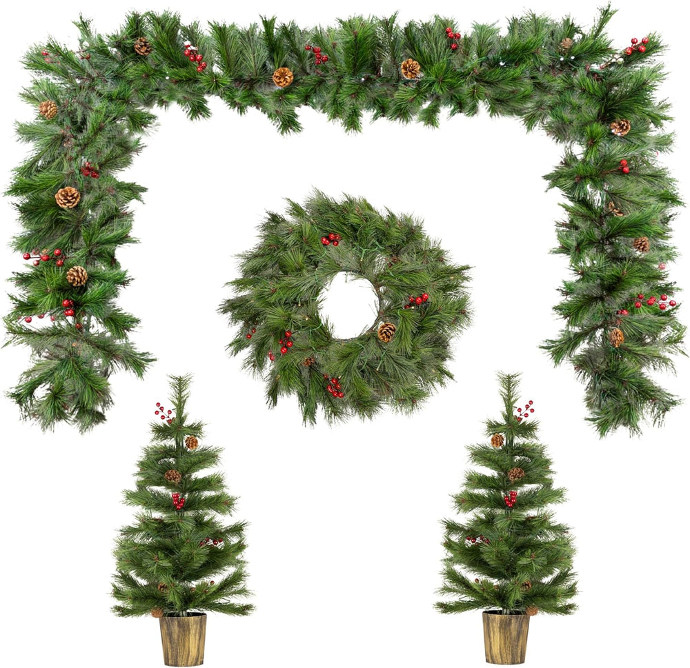 Pre lit pine and red berry Christmas decoration set