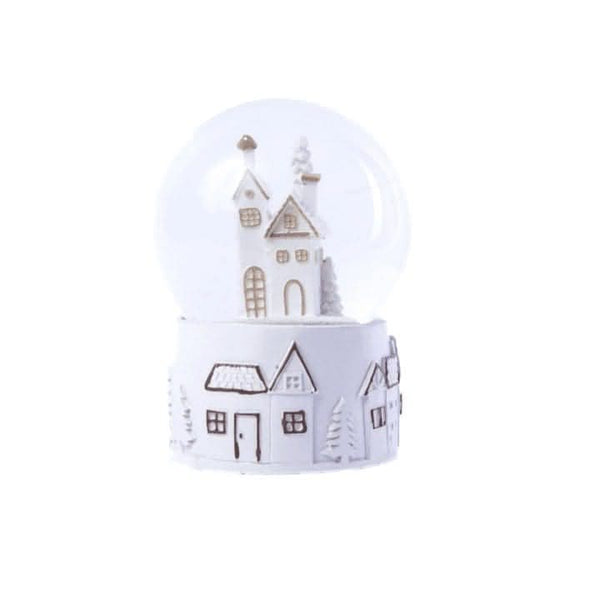 Illuminated Christmas snow globe shown from front