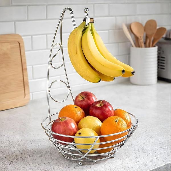 Chrome countertop fruit basket for modern kitchen décor