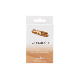 A white and beige hanging card for Elements Cinnamon incense cones, featuring an illustration of cinnamon sticks and the word 'cinnamon' on a clean white background.
