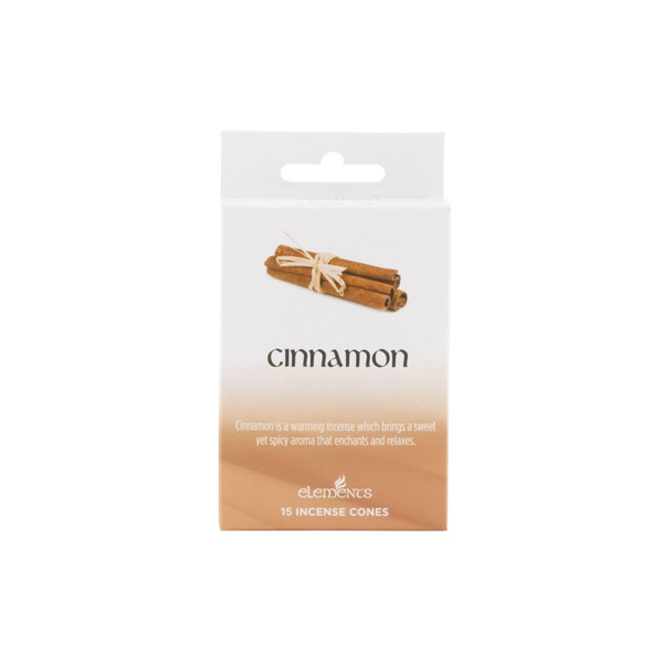A white and beige hanging card for Elements Cinnamon incense cones, featuring an illustration of cinnamon sticks and the word 'cinnamon' on a clean white background.
