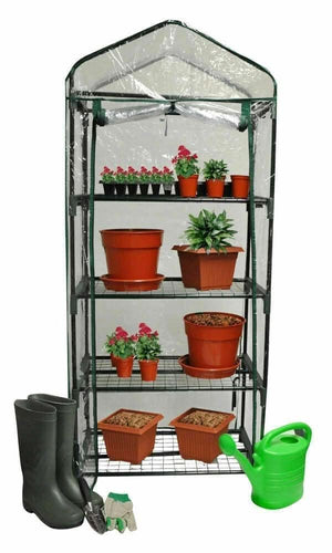 Compact greenhouse shelving for herbs and vegetables