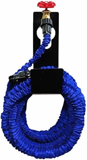 Garden hose organiser holding coiled water pipe