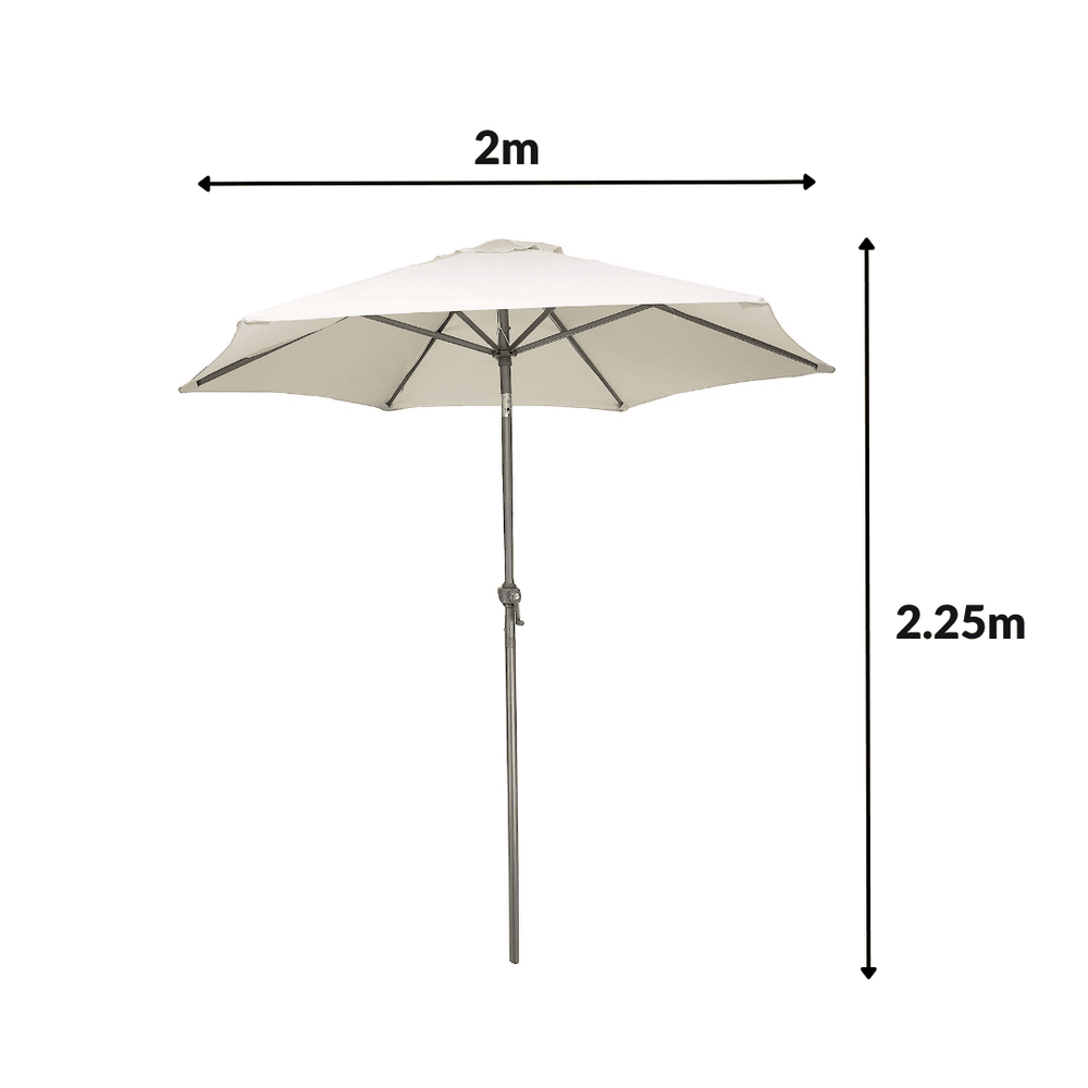 Lightweight cream garden parasol over outdoor dining table