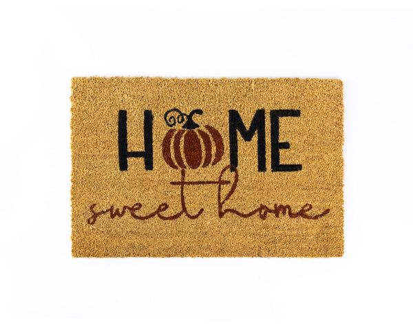 A beige-colored coir doormat with 'HOME SWEET HOME' text and a pumpkin design, suitable for indoor or outdoor use.