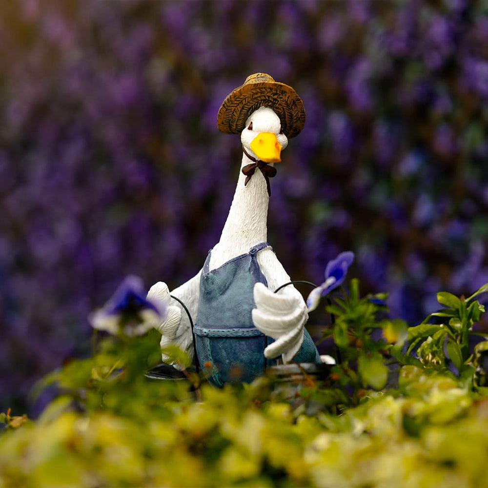 Solar duck garden ornament with glowing LED lanterns