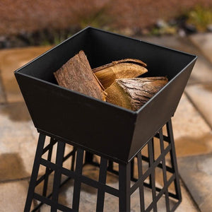 Decorative square fire pit for outdoor dining spaces