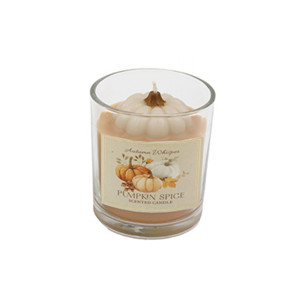 A Pumpkin Spice scented candle in a clear glass jar, featuring a decorative wax top shaped like a small pumpkin with a stem, and a cream-colored label with illustrations of pumpkins.