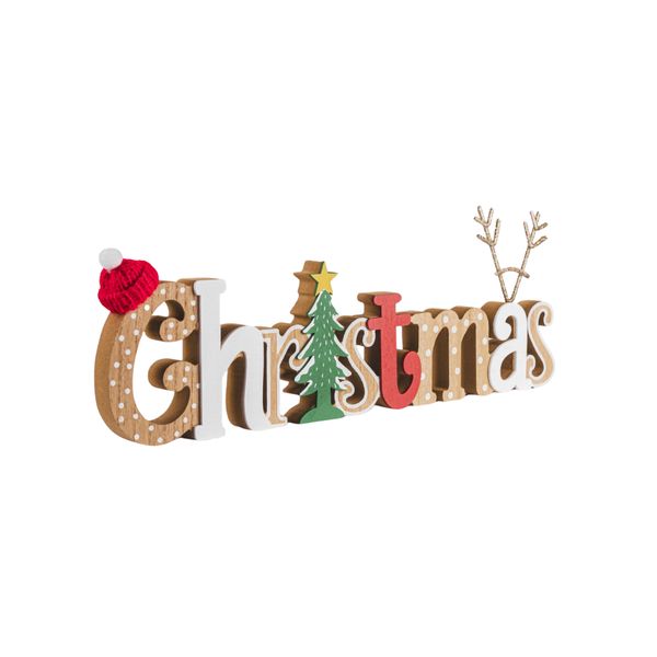 A wooden 'Christmas' letter cutout decoration with festive accents, including a red textured hat, a green Christmas tree, a gold star, and gold reindeer antlers, shown on a plain white background.