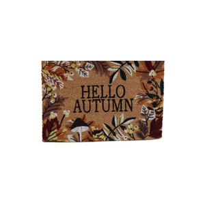 A rectangular doormat with a brown coir background, featuring the words 'HELLO AUTUMN' in black lettering, surrounded by an autumnal leaf and mushroom pattern in warm earthy tones.