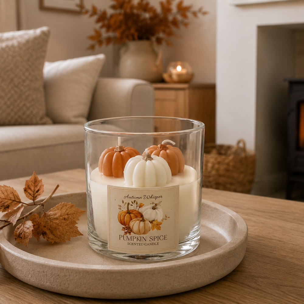 A glass jar candle labeled 'Autumn Village Pumpkin Spice Longburn Candle' sits on a round beige tray on a wooden table in a cozy living room setting. The candle features cream-colored wax and decorative pumpkins in orange, white, and light green on top.