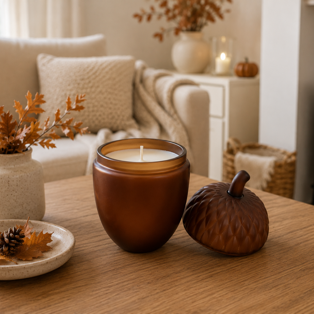 An amber glass jar candle with a white wick sits on a wooden table next to a decorative acorn-shaped lid, with a softly blurred living room background.
