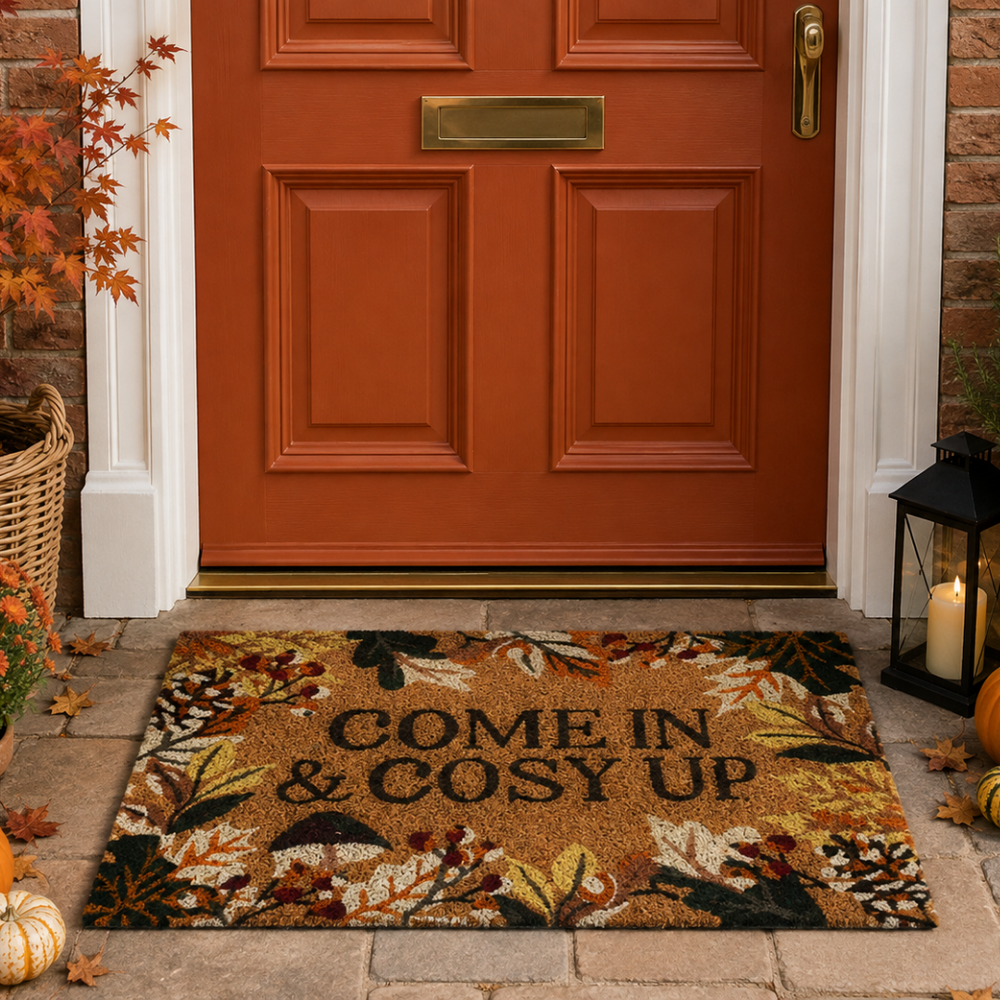 A rectangular coir doormat with a fall leaf pattern and the text 'COME IN & COSY UP' lies on a stone porch in front of a terracotta-colored front door. The scene is decorated for autumn with pumpkins, a lantern with a lit candle, and fall leaves.