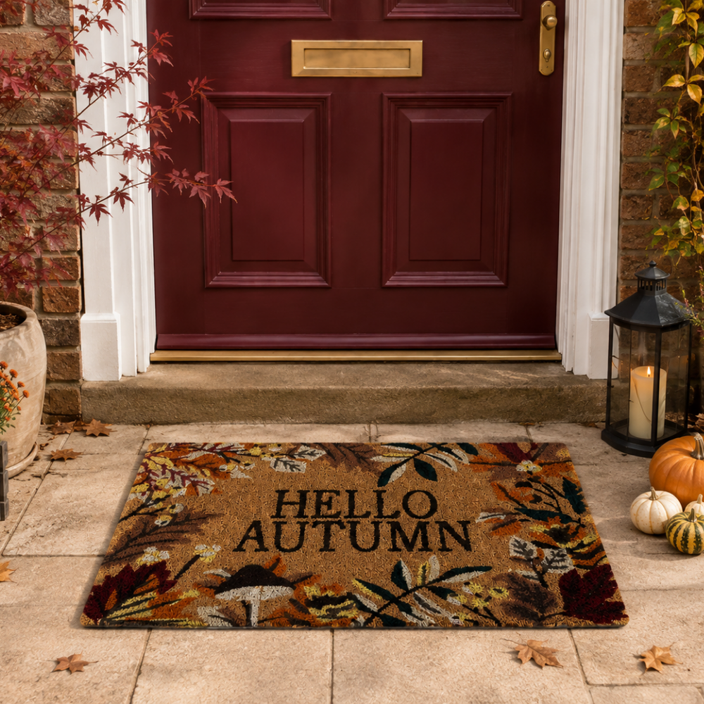 An autumn-themed doormat with the words 'HELLO AUTUMN' in black, featuring a colorful fall leaf and mushroom pattern in brown, beige, and orange tones, placed on a stone step in front of a red front door.
