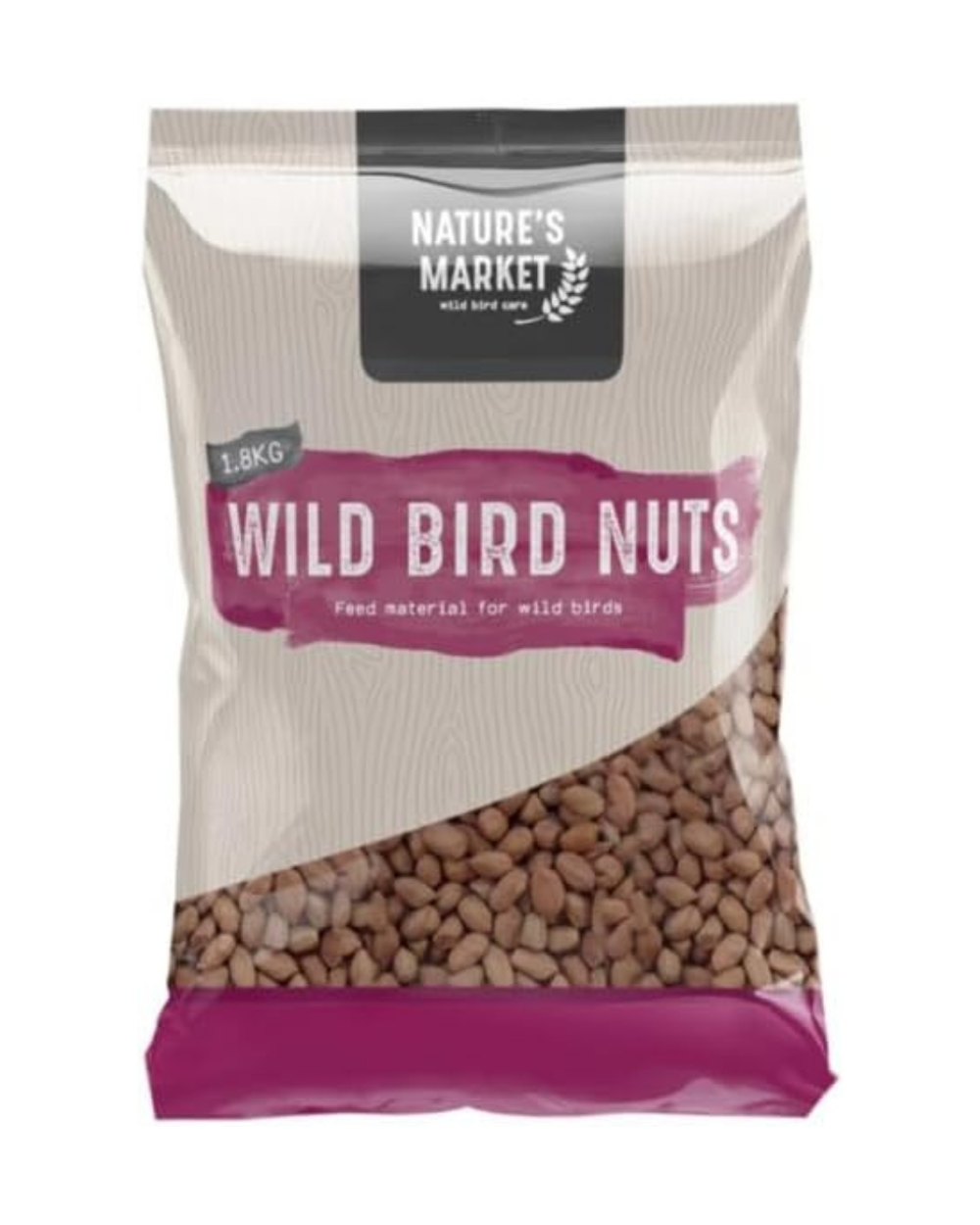 A 1.8kg bag of Nature's Market Wild Bird Nuts food material for wild birds, featuring a beige and magenta design with a clear window showing the brown nuts inside.