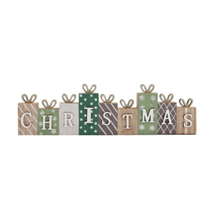 A set of seven wooden gift box letter signs spelling CHRISTMAS,  placed on a white background.
