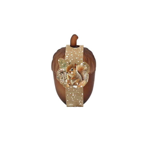 A decorative brown pumpkin-shaped container or ornament with a vertical gold glitter ribbon printed with white dots and a central squirrel illustration, shown on a plain white background.