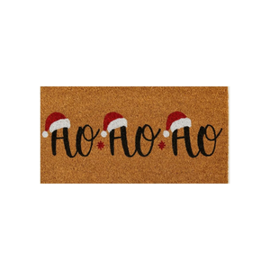 Ho Ho Ho Christmas coir doormat with Santa hat details on a white background.