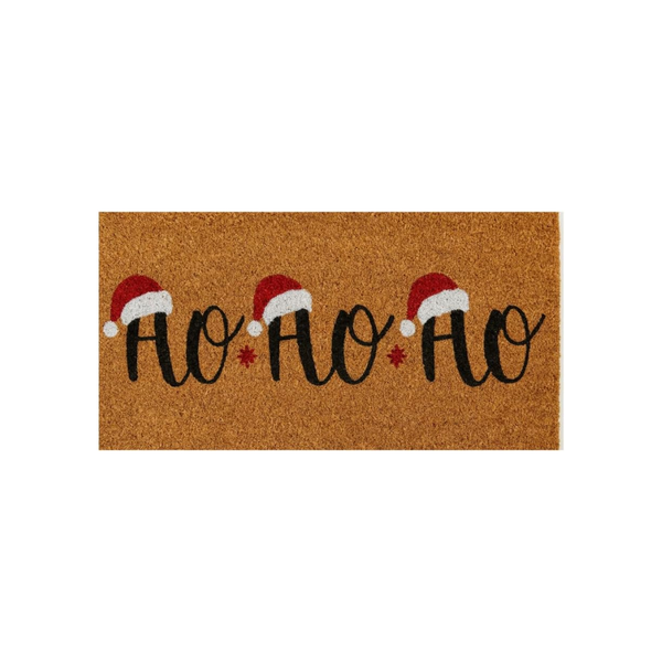Ho Ho Ho Christmas coir doormat with Santa hat details on a white background.
