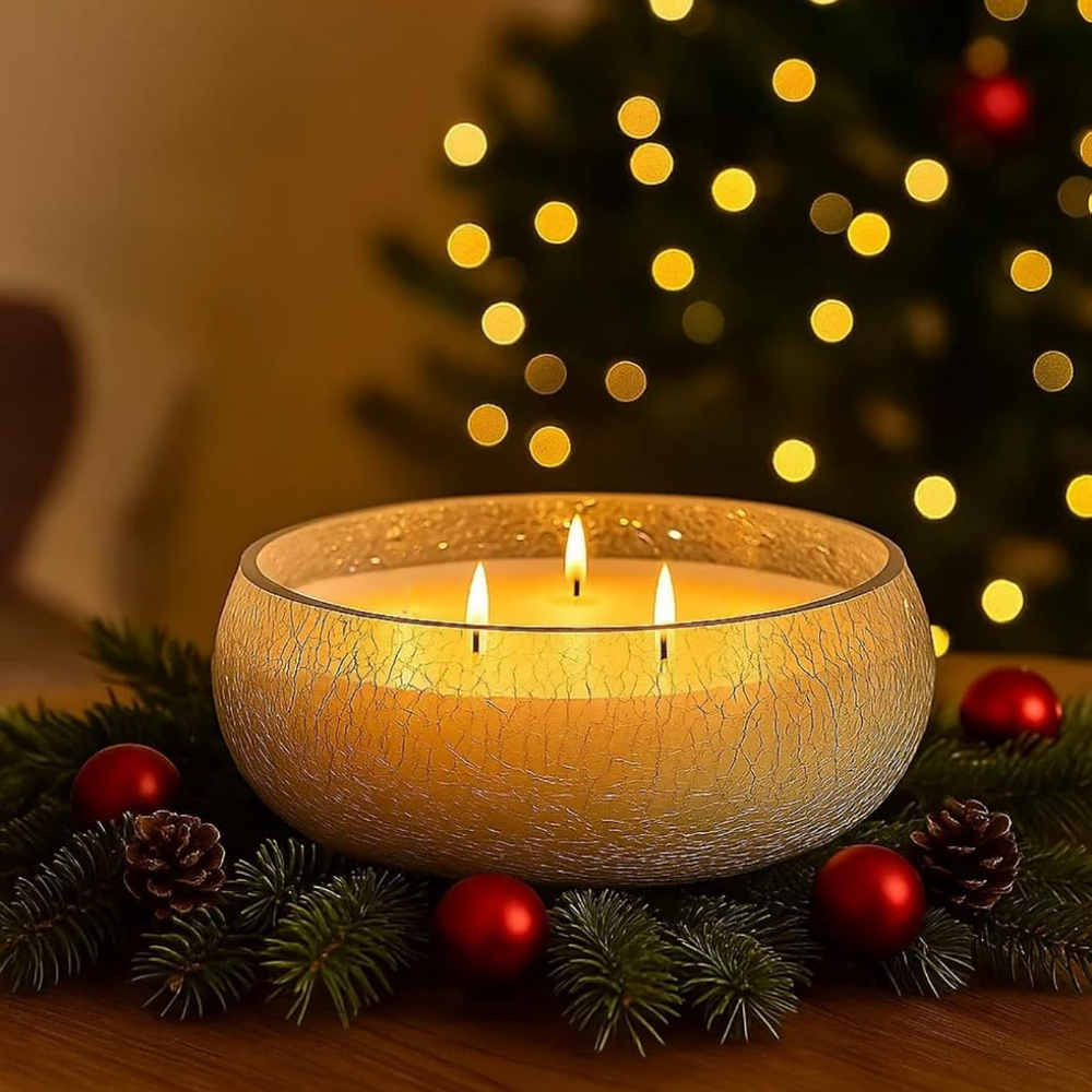 Large 3 Wick Unscented Candle in Crackle-Effect Glass