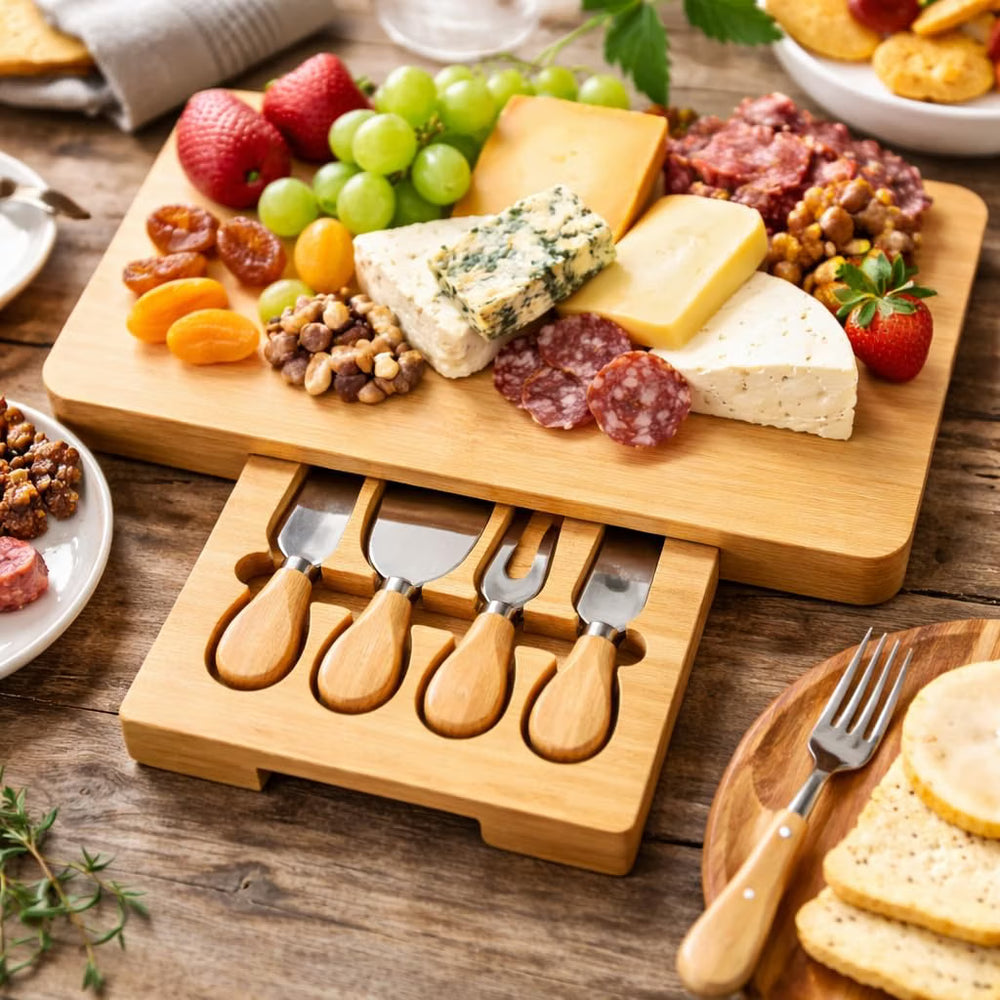 A wooden cheese board set displayed on a rustic wooden table, featuring a rectangular wooden board topped with assorted cheeses, grapes, strawberries, nuts, and cured meats, with a matching drawer-style holder below holding four small cheese knives with wooden handles. A fork rests beside the board, and plates of food are partially visible around it.