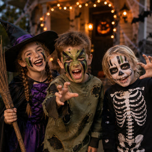 Three children dressed in Halloween costumes pose in front of a decorated haunted house at night. The child on the left wears a witch costume with a purple dress and holds a broom.