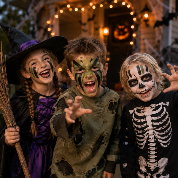 Three children dressed in Halloween costumes pose in front of a decorated haunted house at night. The child on the left wears a witch costume with a purple dress and holds a broom.