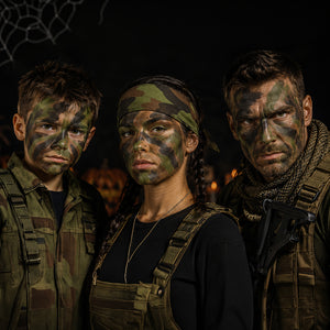 Three people with camouflage face paint and military-style clothing against a dark background.