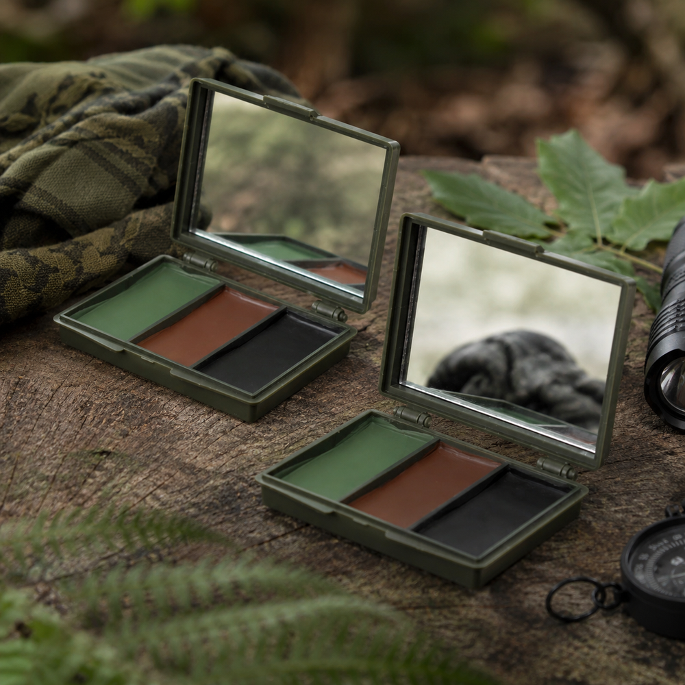 Two military-style compact powder makeup cases with mirrors, open on a rustic wooden surface outdoors. Each case contains three color pans: olive green, brown, and black.