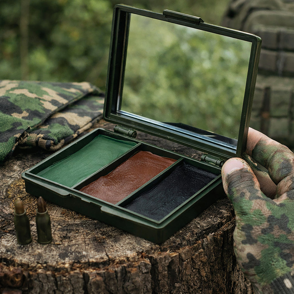 A camouflage military-style makeup case opened on a tree stump, showing three pans of color: green, brown, and black. A hand in a camouflage glove holds the case, with two bullets on the stump and a blurred outdoor background.