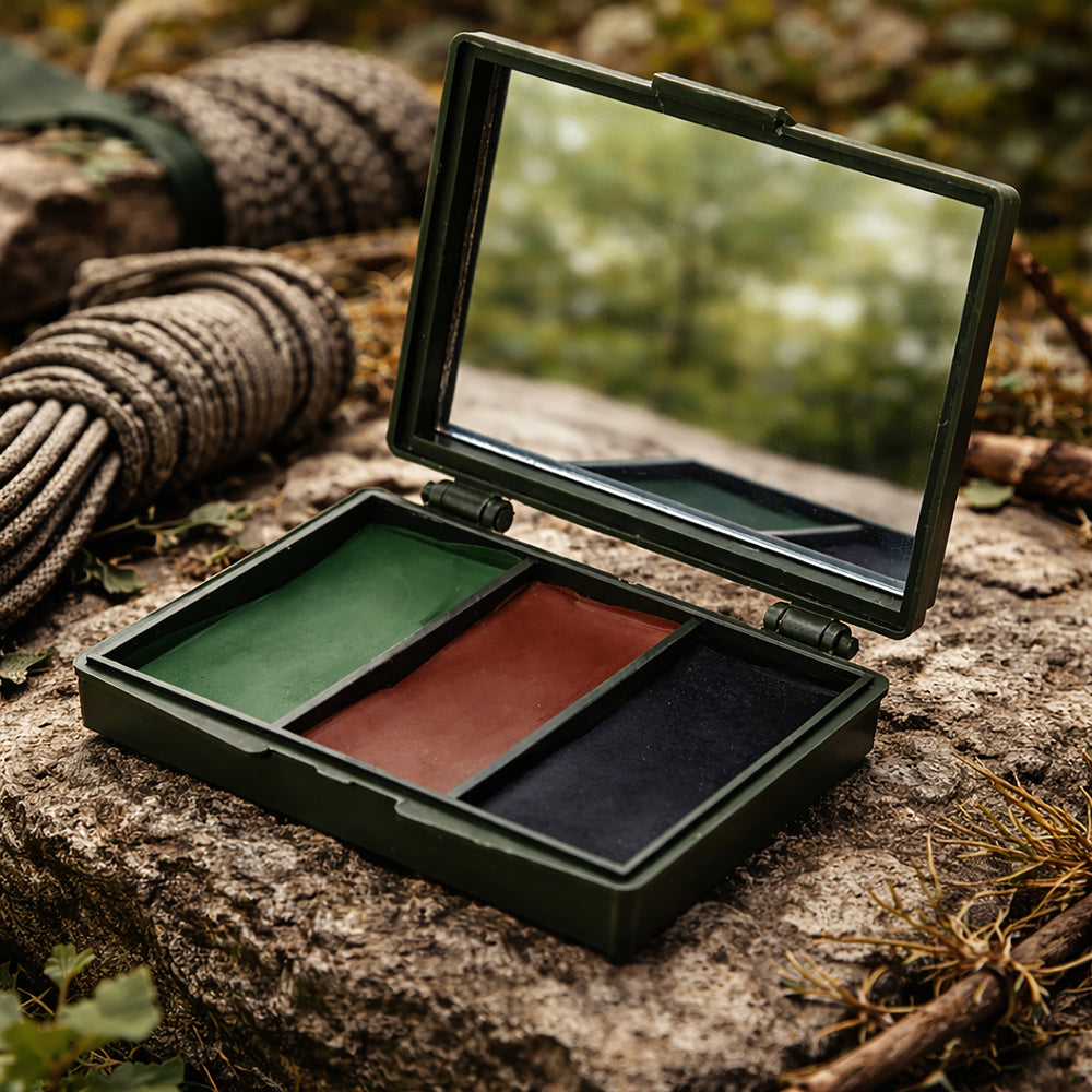 An open military-style case with a built-in mirror, containing three color blocks in green, reddish-brown, and black, placed on a rock outdoors with rope and foliage in the background.