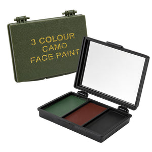A 3 colour camo face paint makeup kit shown with its olive green hard case and the open black plastic lid revealing three makeup pans: green, brown, and black. The case has '3 COLOUR CAMO FACE PAINT' printed in gold on the lid.