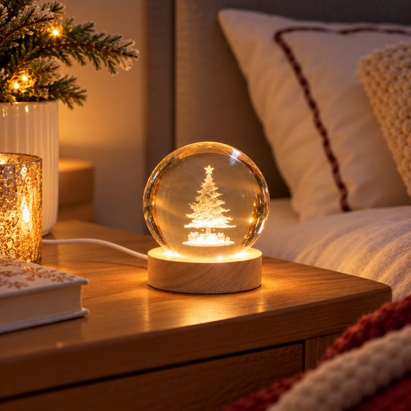 A glowing crystal snow globe night light with a miniature Christmas tree inside, sitting on a wooden bedside table in a cozy bedroom setting.