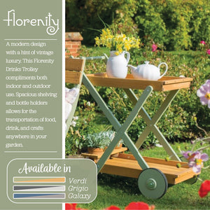 Green drinks trolley with white teapots in a garden setting, featuring the brand 'Florency'.
