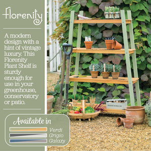 Wooden plant shelf with green ladder against a green wall, surrounded by plants and gardening tools.