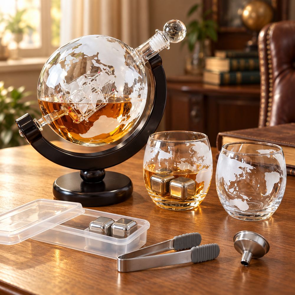 A whiskey gift set displayed on a wooden table, featuring a globe-shaped glass decanter with a ship design and amber liquid, two stemless whiskey glasses with etched world maps, metal ice cubes, a funnel, and a lid with ice cube packets. The background shows a warm, blurred study environment with leather furniture and books.
