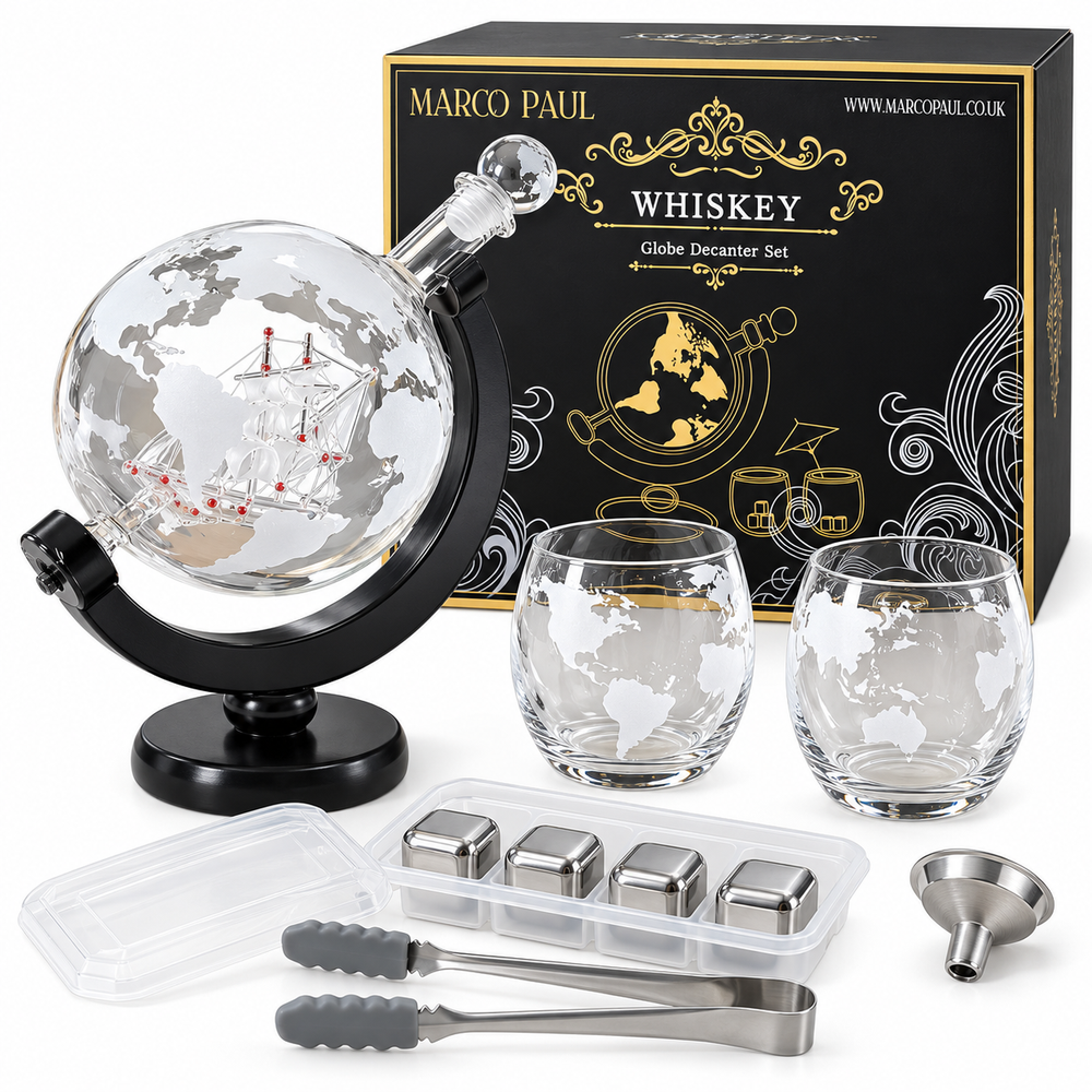 A whiskey gift set displayed on a wooden table, featuring a globe-shaped glass decanter with a ship design and amber liquid, two stemless whiskey glasses with etched world maps, metal ice cubes, a funnel, and a lid with ice cube packets. The background shows a warm, blurred study environment with leather furniture and books.