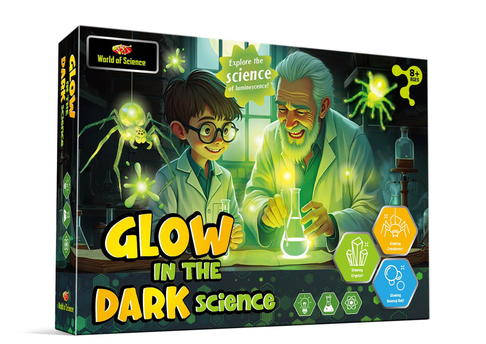 Glow in the Dark Science educational kit packaging with a scientist and child, featuring glowing elements.