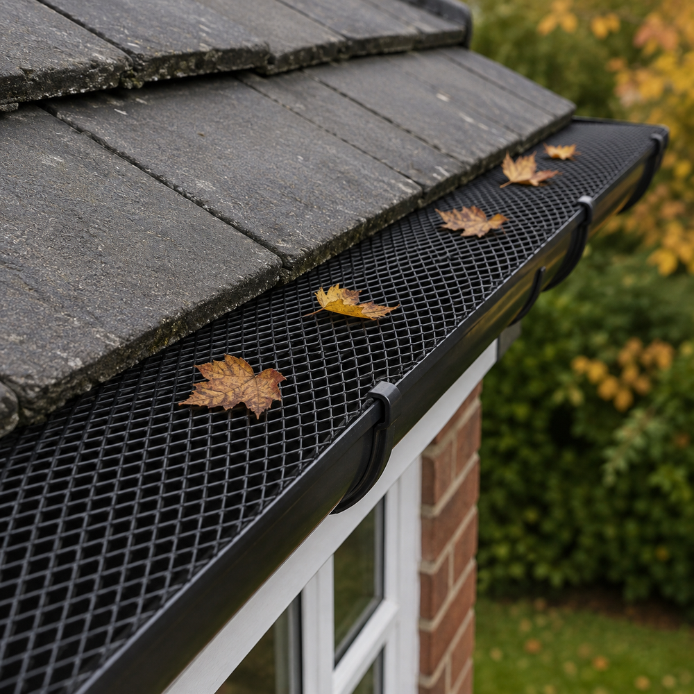 Black metal mesh gutter guard installed on a dark slate roof, shown with a few fallen autumn leaves resting on the mesh and gutter, with a brick house and garden in the background.