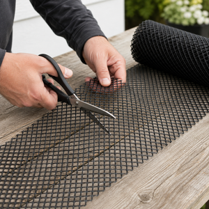 A person using black-handled scissors to cut a black mesh landscape fabric roll on a weathered wooden deck.