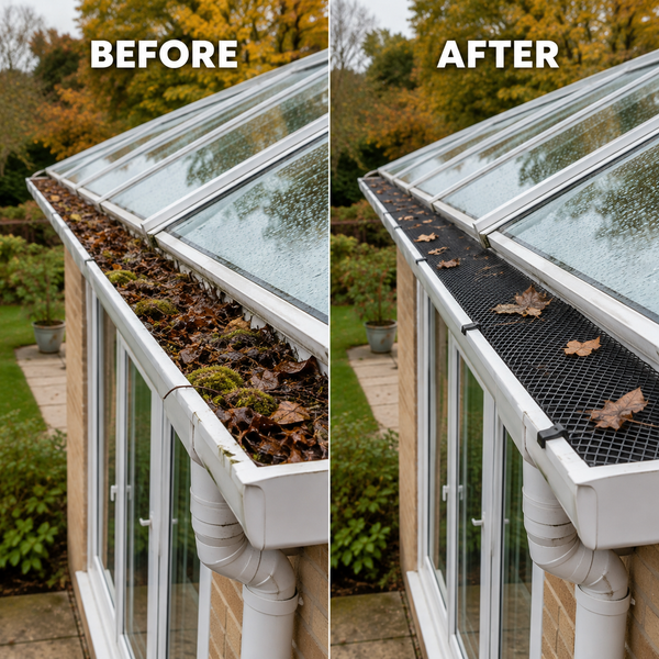 A side-by-side before and after comparison showing a white gutter system on a conservatory roof. The left 'BEFORE' side shows the gutter filled with moss, leaves, and debris, while the right 'AFTER' side shows the gutter covered with a black mesh screen keeping debris out.