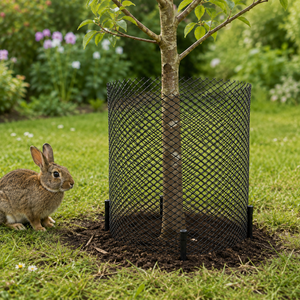 A black plastic tree guard mesh cylinder protecting a young tree in a garden, with a rabbit sitting on the grass to the left.