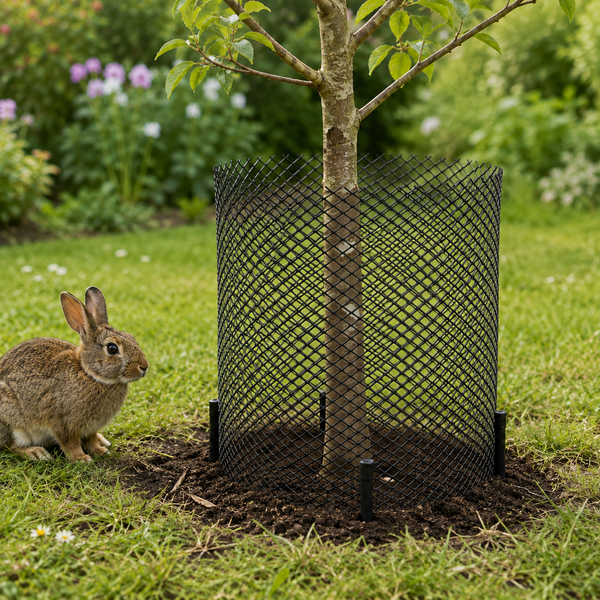 A black plastic tree guard mesh cylinder protecting a young tree in a garden, with a rabbit sitting on the grass to the left.
