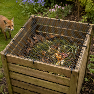 A wooden compost bin with a black wire mesh lid, shown outdoors in a garden with grass, plants, and a fox visible in the background.