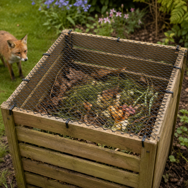 A wooden compost bin with a black wire mesh lid, shown outdoors in a garden with grass, plants, and a fox visible in the background.