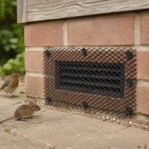 Black metal mesh vent cover secured with black screws on a brick wall, with a small bird and mouse in the foreground on a stone path.