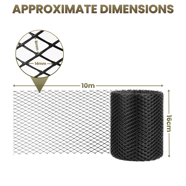 Black mesh garden edging tape shown with approximate dimensions: a 10-meter length, 16-centimeter height, and a circular inset showing the 14mm by 5mm mesh pattern.