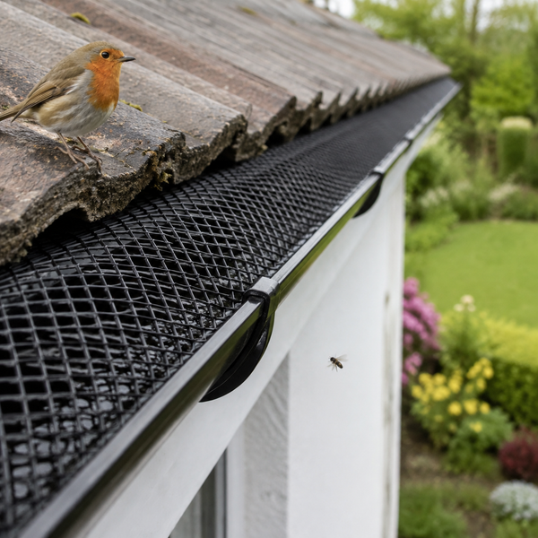 Black mesh gutter guard installed along a tiled roofline next to a white house, with a robin standing on the roof and a garden visible in the background.
