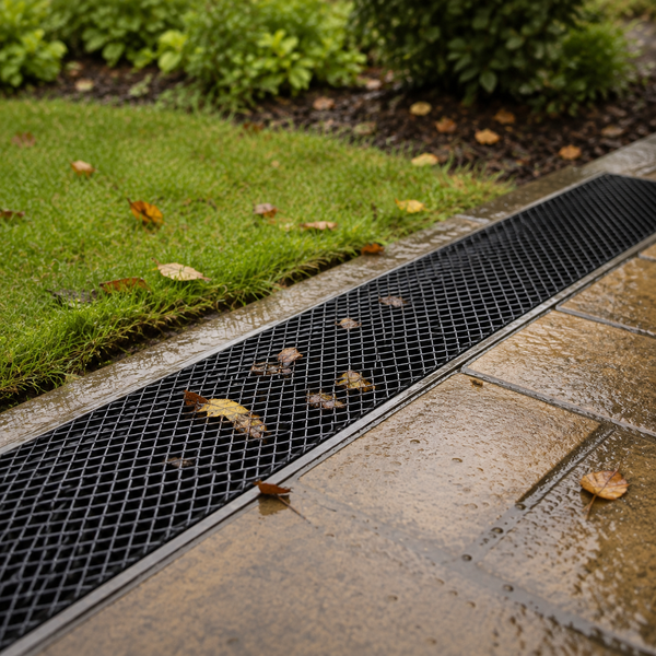 A black metal mesh drainage gutter installed along a wet stone patio next to a green lawn with scattered fallen leaves.