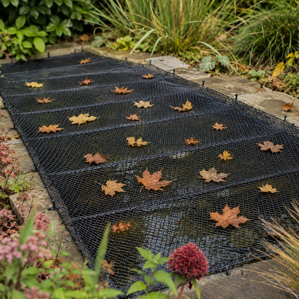 A black mesh garden path mat laid out on stone pavers in a garden, with fallen autumn leaves resting on the surface.